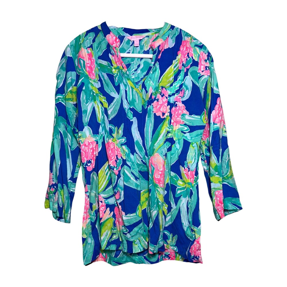Lilly Pulitzer Small Rayon Tunic Top Blue Pink Tropical Print Popover - Picture 1 of 4